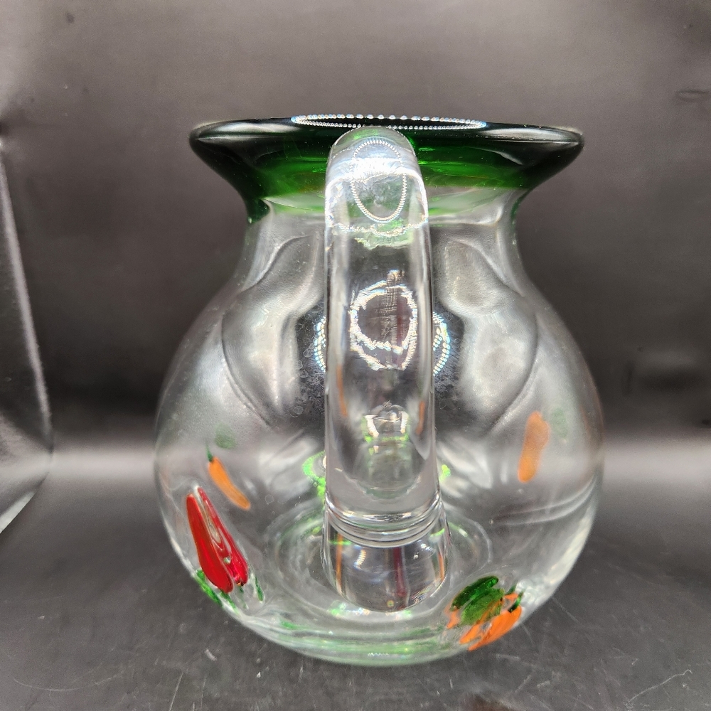 Hand Blown Large Clear & Green Glass Pitcher Red & Orange Peppers - Picture 4 of 7
